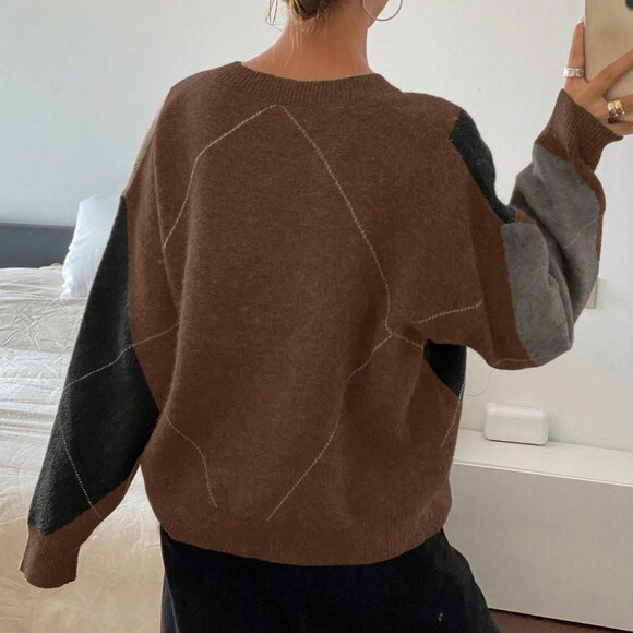 Coffee Brown Casual Women's Colorblock Loose Crew Neck Sweater - Picture 2 of 5